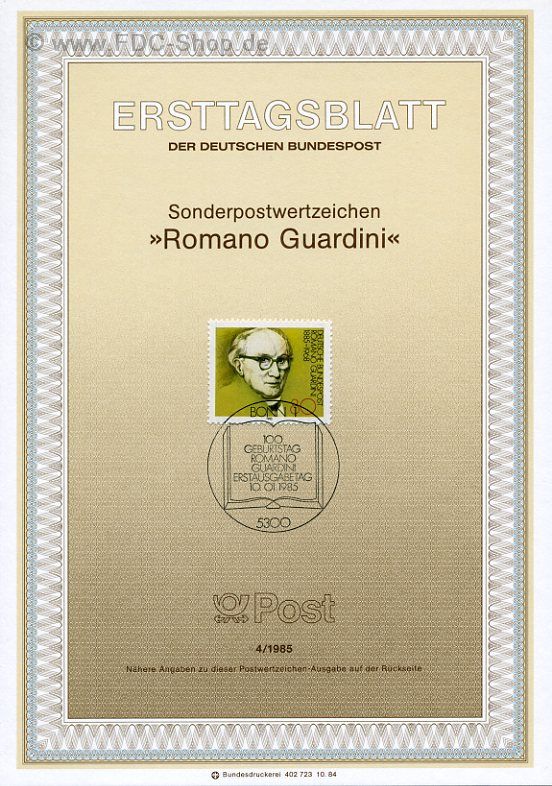 Ersttagsblatt BUND (04/1985) Mi-Nr: 1237, 100. Geburtstag von Romano Guardini