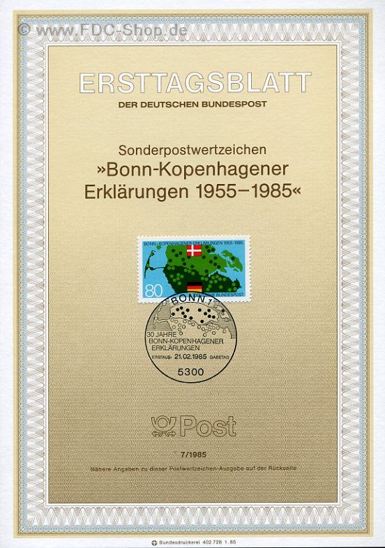 Ersttagsblatt BUND (07/1985) Mi-Nr: 1241, 30 Jahre Bonn-Kopenhagener Erklärungen