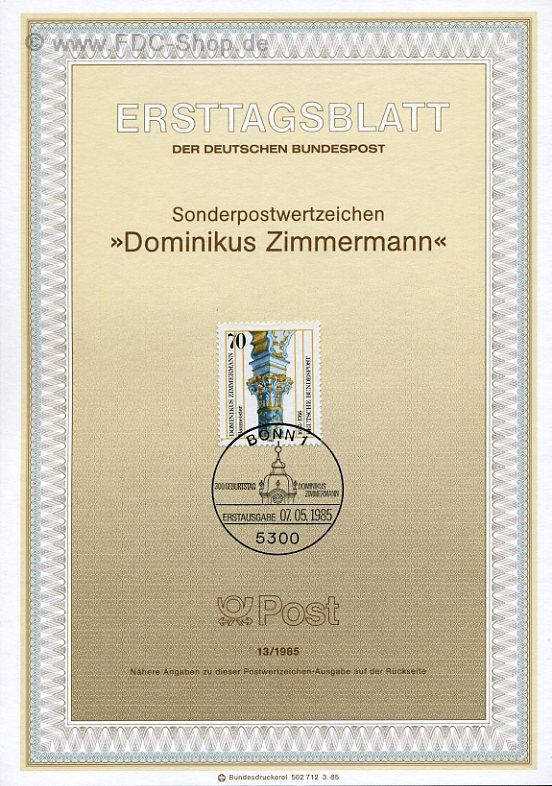 Ersttagsblatt BUND (13/1985) Mi-Nr: 1251, 300. Geburtstag von Dominikus Zimmermann