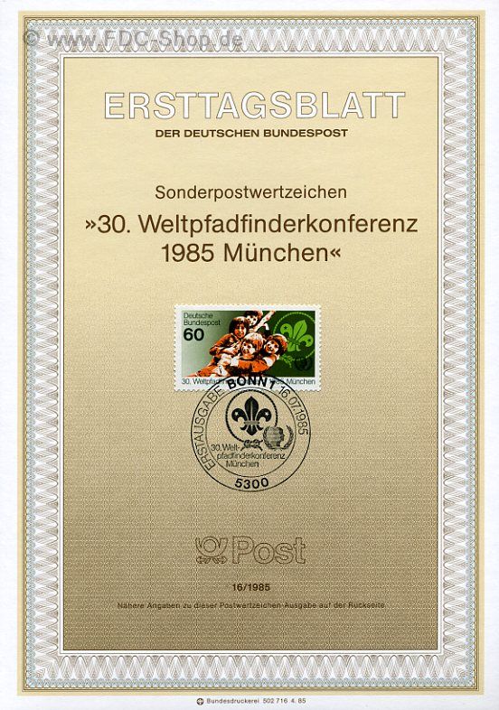 Ersttagsblatt BUND (16/1985) Mi-Nr: 1254, Weltpfadfinderkonferenz Müchen