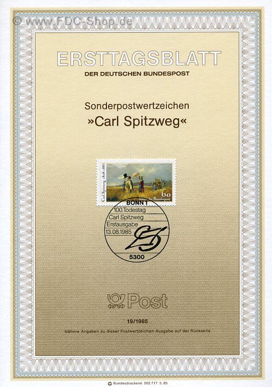 Ersttagsblatt BUND (19/1985) Mi-Nr: 1258, 100. Todestag von Carl Spitzweg