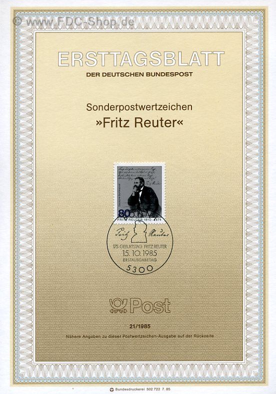 Ersttagsblatt BUND (21/1985) Mi-Nr: 1263, 175. Geburtstag von Fritz Reuter