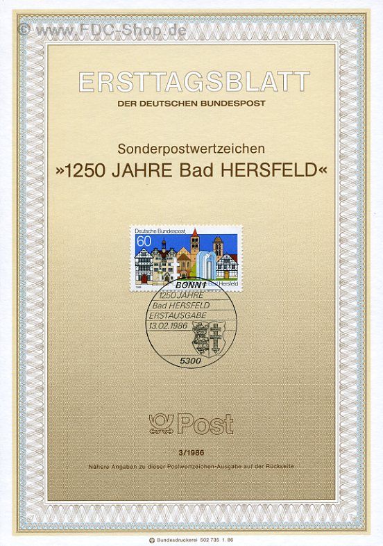 Ersttagsblatt BUND (03/1986) Mi-Nr: 1271, 1250 Jahre Bad Hersfeld