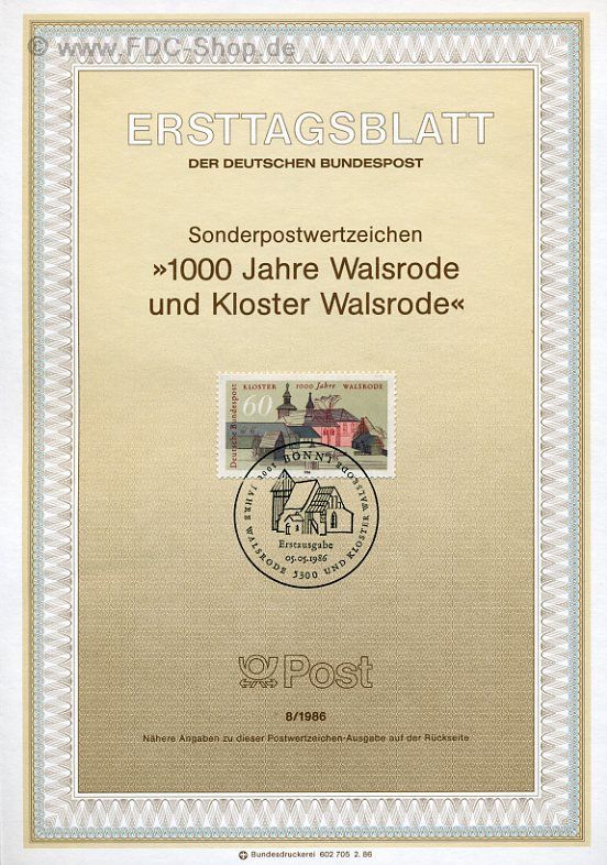 Ersttagsblatt BUND (08/1986) Mi-Nr: 1280, 1000 Jahre Walsrode und Kloster Walsrode