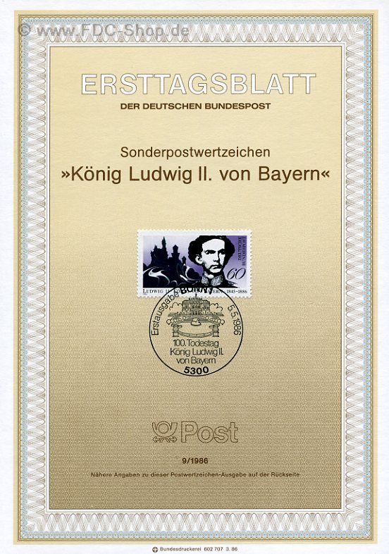 Ersttagsblatt BUND (09/1986) Mi-Nr: 1281, 100. Todestag von König Ludwig II. von Bayern