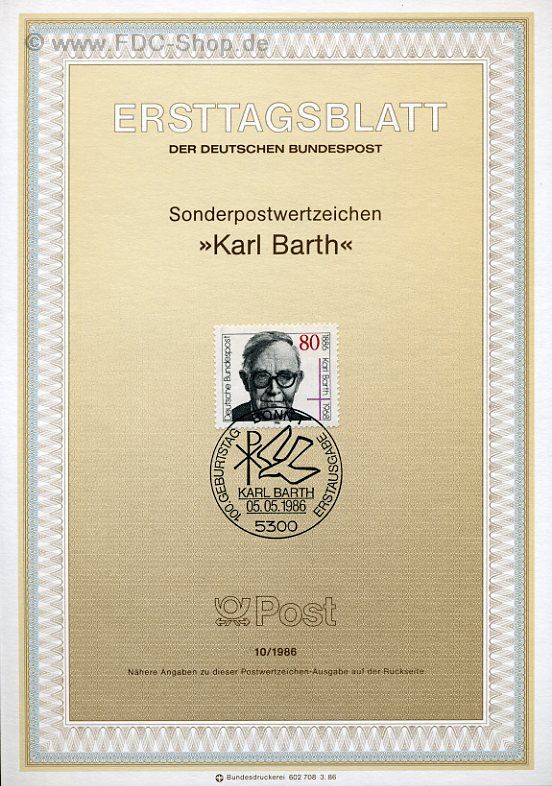 Ersttagsblatt BUND (10/1986) Mi-Nr: 1282, 100. Geburtstag von Karl Bart