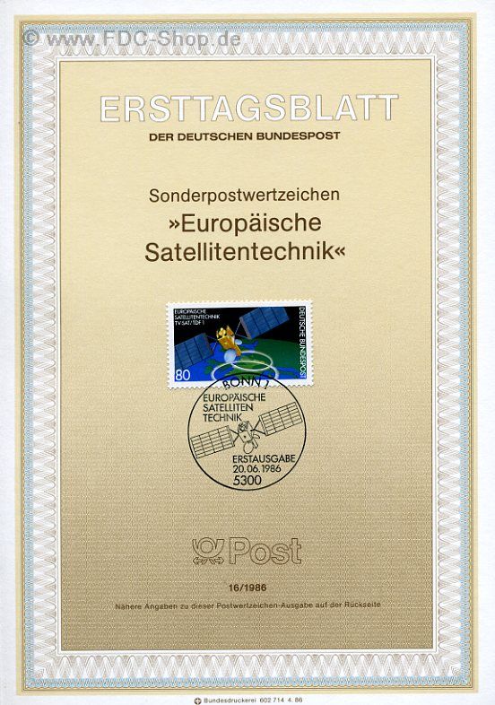 Ersttagsblatt BUND (16/1986) Mi-Nr: 1290, Europäische Satellitentechnik