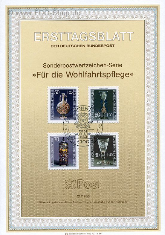 Ersttagsblatt BUND (21/1986) Mi-Nr: 1295-1298, Wohlfahrt, Kostbare Gläser