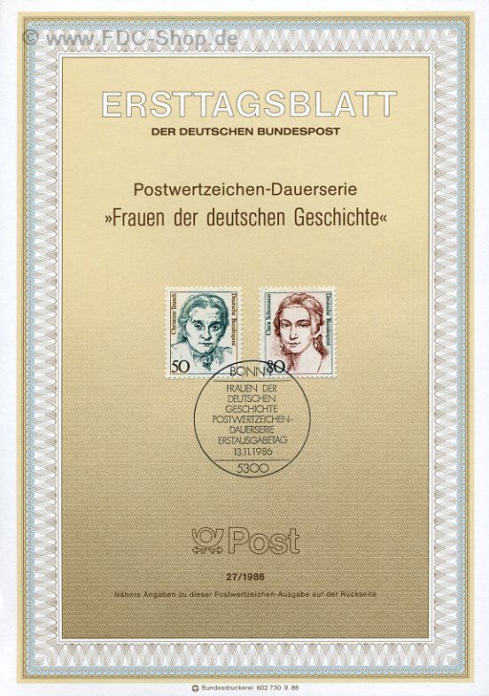 Ersttagsblatt BUND (27/1986) Mi-Nr: 1304-1305, Freimarken, Frauen der Deutschen Geschichte