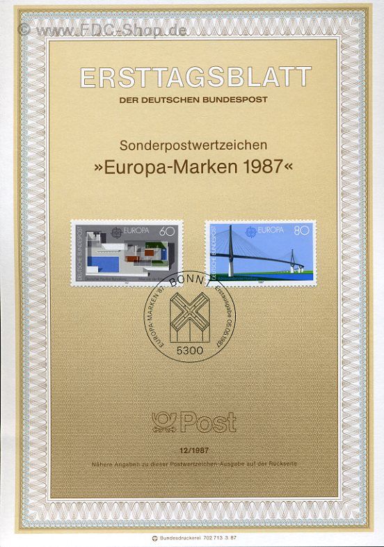 Ersttagsblatt BUND (12/1987) Mi-Nr: 1321-1322, Europa-Marken, Moderne Architektur