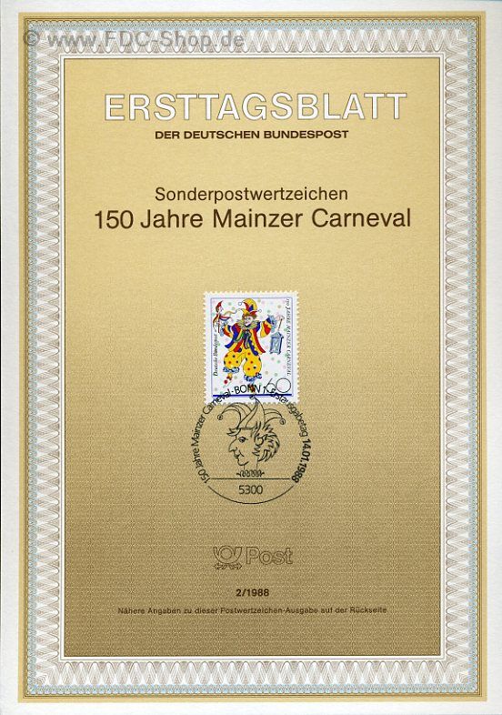 Ersttagsblatt BUND (02/1988) Mi-Nr: 1349, 150 Jahre Mainzer Karneval