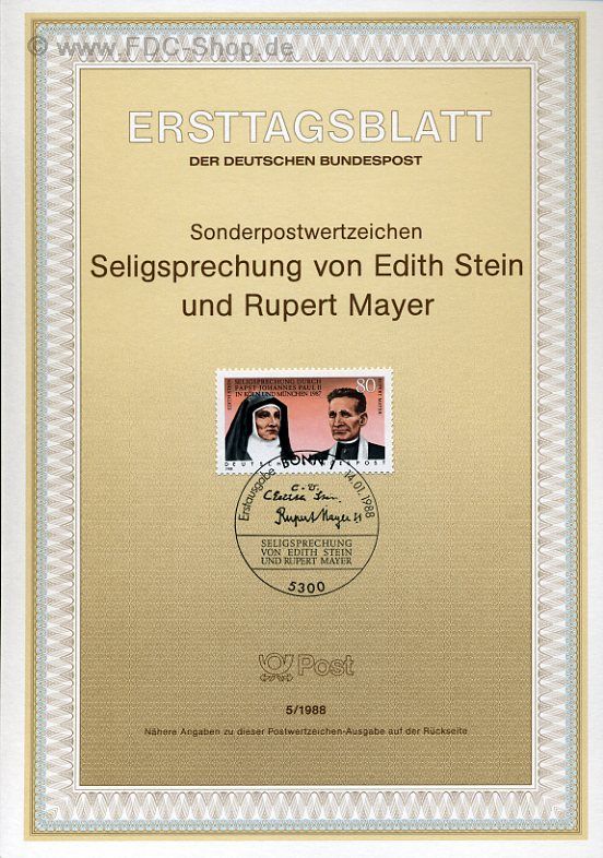 Ersttagsblatt BUND (05/1988) Mi-Nr: 1352, Seligsprechung von Edith Stein und Rupert Mayer