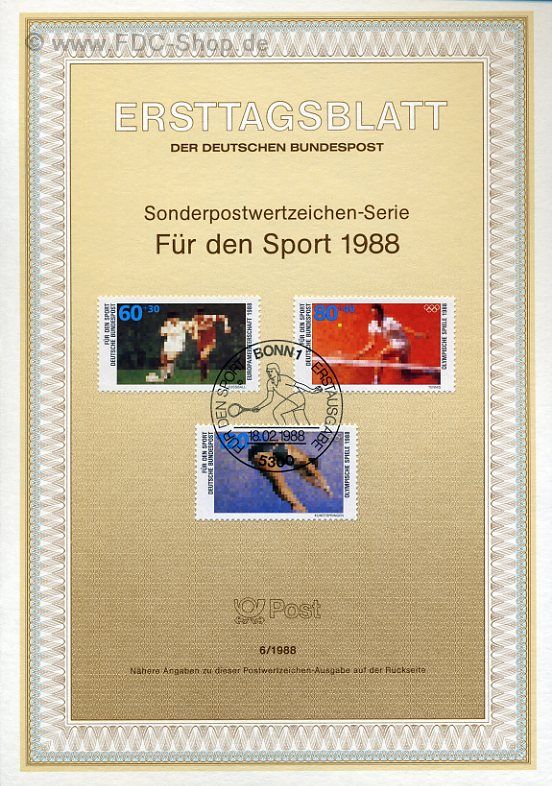 Ersttagsblatt BUND (06/1988) Mi-Nr: 1353-1355, Für den Sport 1988