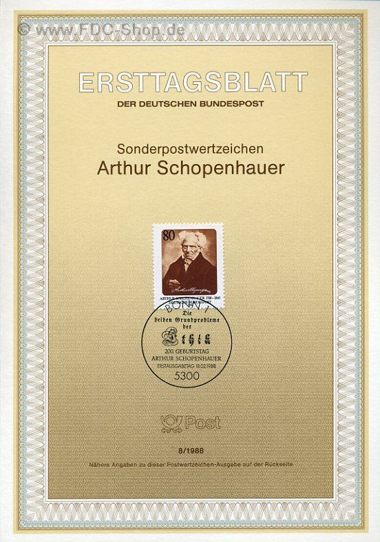 Ersttagsblatt BUND (08/1988) Mi-Nr: 1357, 200. Geburtstag von Arthur Schopenhauer