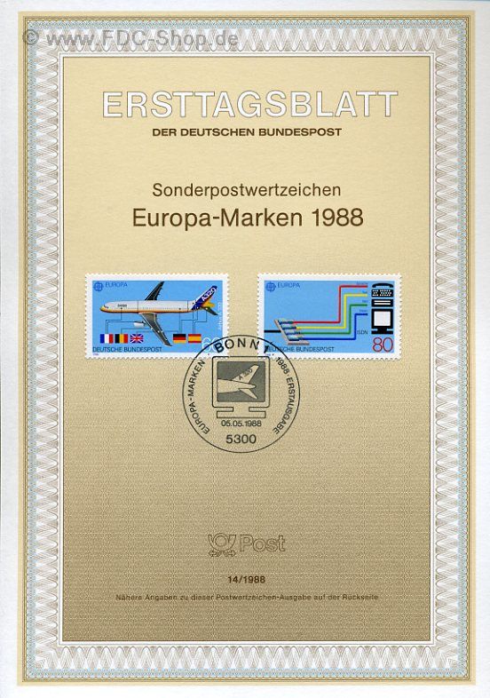 Ersttagsblatt BUND (14/1988) Mi-Nr: 1367-1368, Europa: Transport- und Kommunikationsmittel