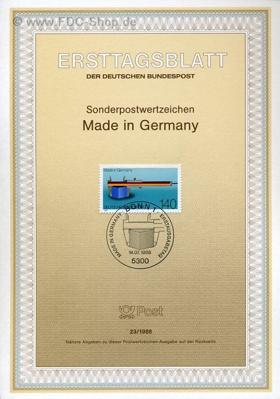 Ersttagsblatt BUND (23/1988) Mi-Nr: 1378, 100 Jahre "Made in Germany"