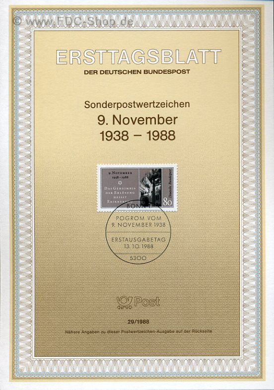 Ersttagsblatt BUND (29/1988) Mi-Nr: 1389, 50. Jahrestag der Reichskristallnacht