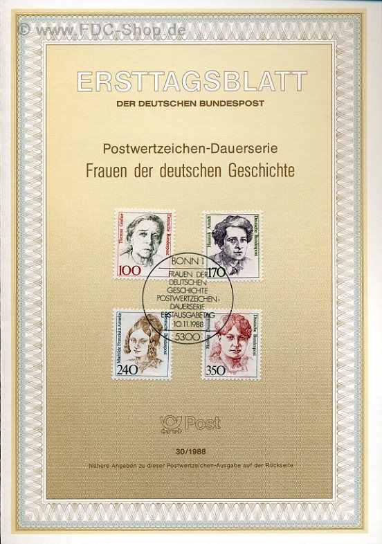Ersttagsblatt BUND (30/1988) Mi-Nr: 1390-1393, Freimarken: Frauen der Deutschen Geschichte
