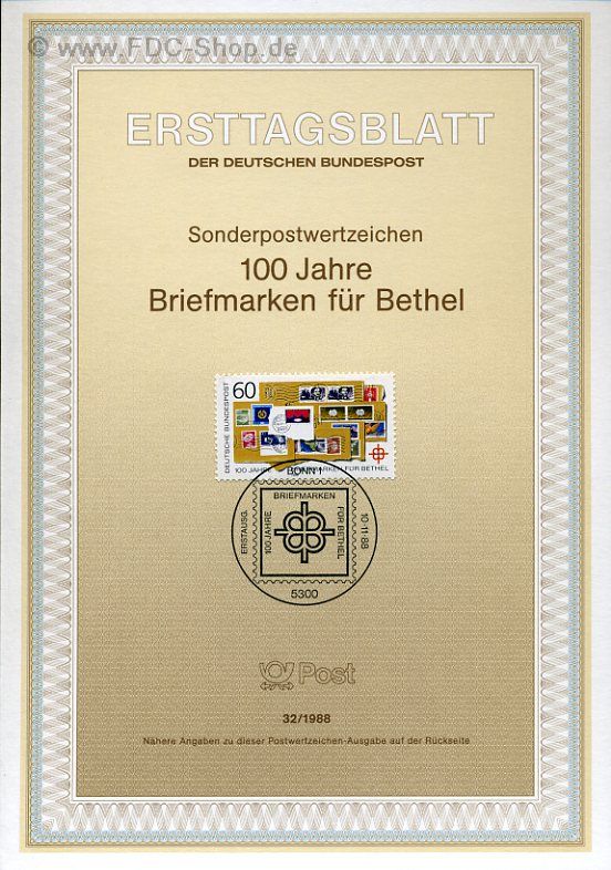 Ersttagsblatt BUND (32/1988) Mi-Nr: 1395, 100 Jahre Briefmarkenspendenaktion für Bethel