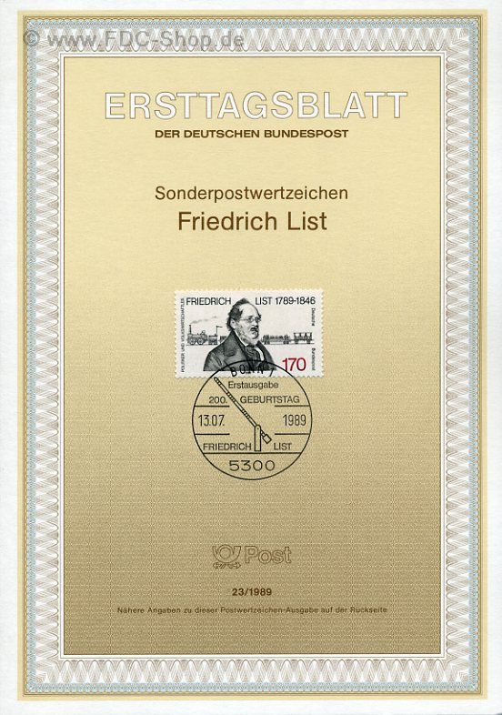 Ersttagsblatt BUND (23/1989) Mi-Nr: 1429, 200. Geburtstag von Friedrich List