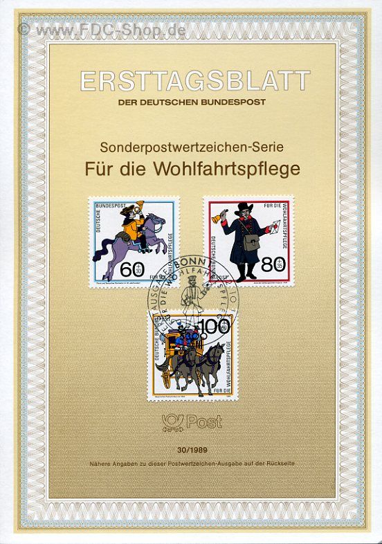 Ersttagsblatt BUND (30/1989) Mi-Nr: 1437-1439, Wohlfahrt: Postbeförderung im Laufe der Jahrhunderte