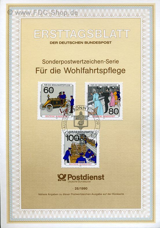 Ersttagsblatt BUND (25/1990) Mi-Nr: 1474-1476, Wohlfahrt: Geschichte der Post und Telekommunikation