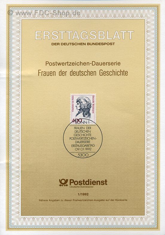 Ersttagsblatt BUND (01/1992) Mi-Nr: 1582, Freimarke: Frauen der deutschen Geschichte