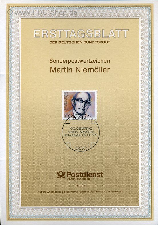 Ersttagsblatt BUND (03/1992) Mi-Nr: 1584, 100. Geburtstag von Martin Niemöller