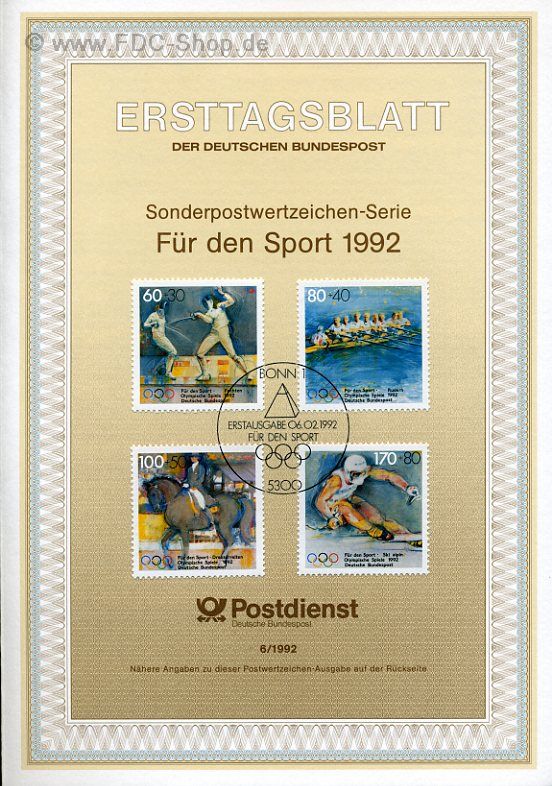 Ersttagsblatt BUND (06/1992) Mi-Nr: 1592-1595, Sporthilfe: Olympische Spiele Albertville und Barcelona
