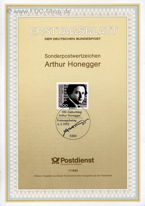 Ersttagsblatt BUND (07/1992) Mi-Nr: 1596, 100. Geburtstag von Arthur Honegger