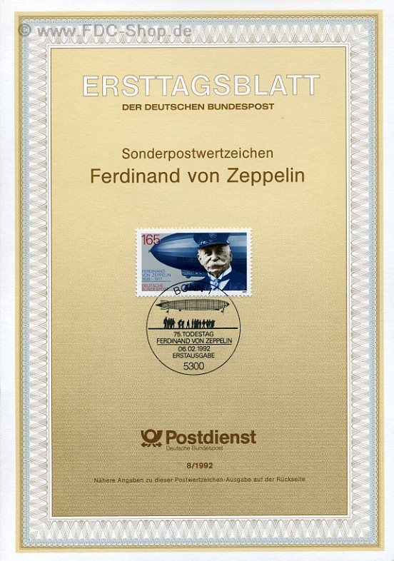 Ersttagsblatt BUND (08/1992) Mi-Nr: 1597, 75. Todestag von Ferdinand Graf von Zeppelin
