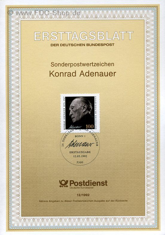 Ersttagsblatt BUND (12/1992) Mi-Nr: 1601, 25. Todestag von Konrad Adenauer