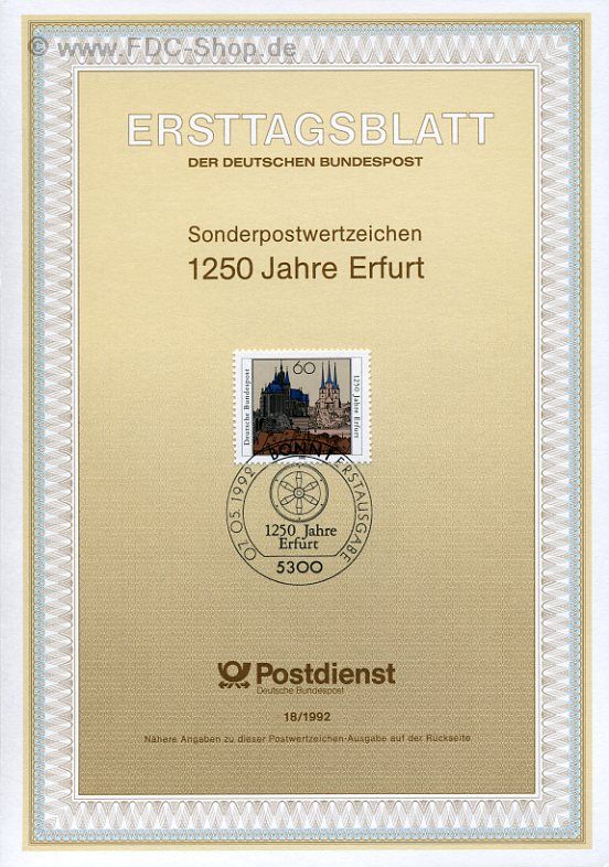 Ersttagsblatt BUND (18/1992) Mi-Nr: 1611, 1250 Jahre Erfurt