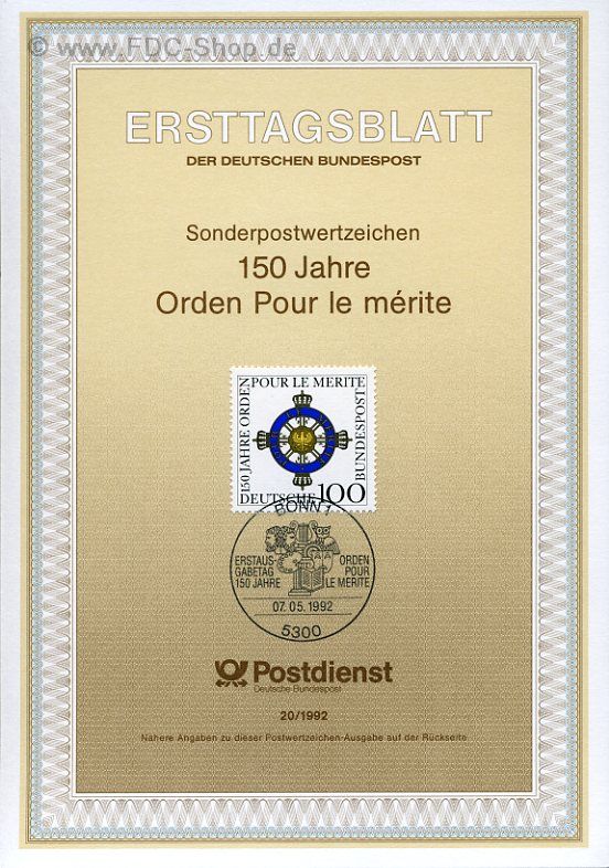 Ersttagsblatt BUND (20/1992) Mi-Nr: 1613, 150 Jahre Orden "Pour le merite"