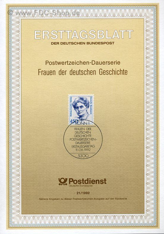 Ersttagsblatt BUND (21/1992) Mi-Nr: 1614, Freimarke: Frauen der deutschen Geschichte