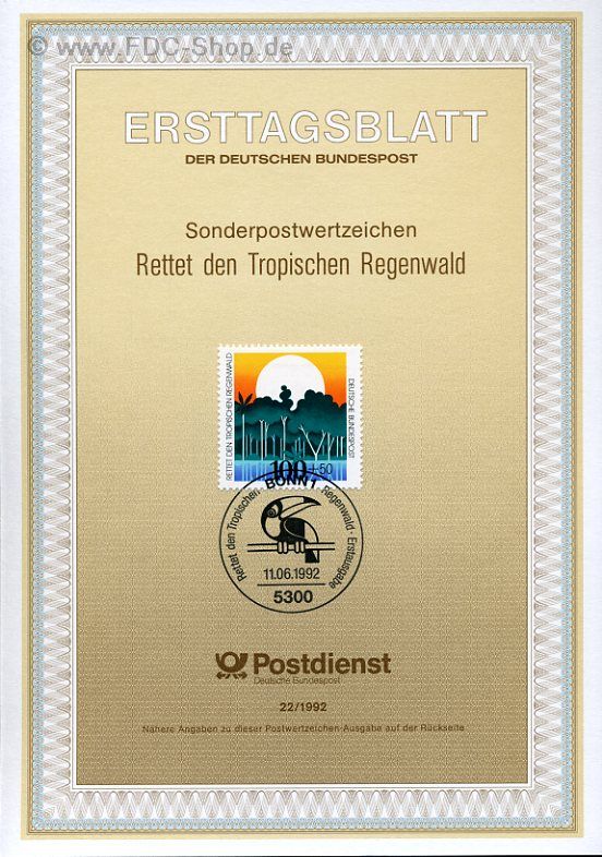 Ersttagsblatt BUND (22/1992) Mi-Nr: 1615, Umweltschutz: Rettet den tropischen Regenwald"