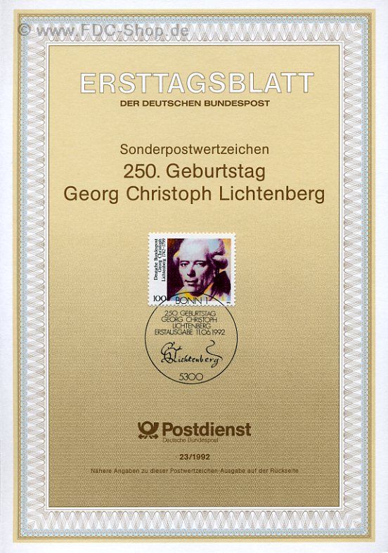 Ersttagsblatt BUND (23/1992) Mi-Nr: 1616, 250. Geburtstag von Georg Christoph Lichtenberg