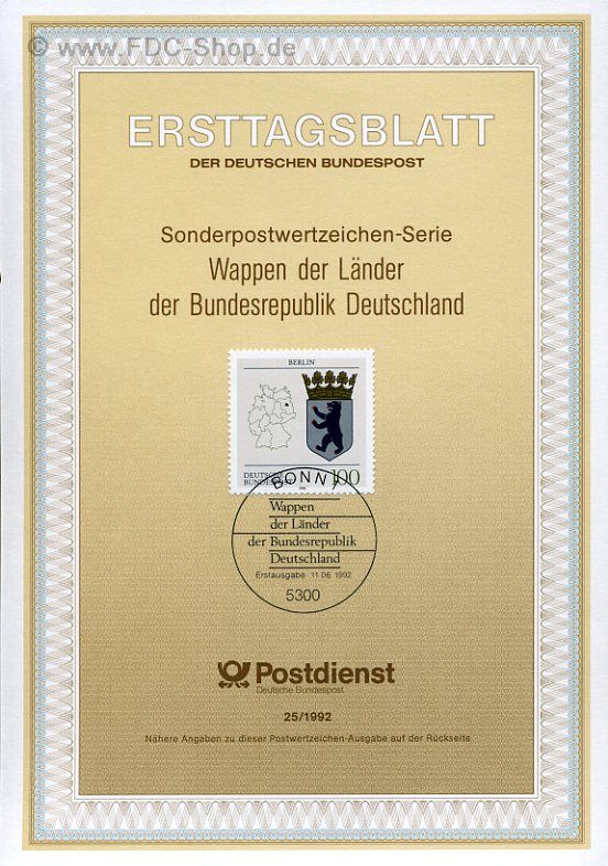 Ersttagsblatt BUND (25/1992) Mi-Nr: 1588, Wappen der Länder der BRD: Berlin