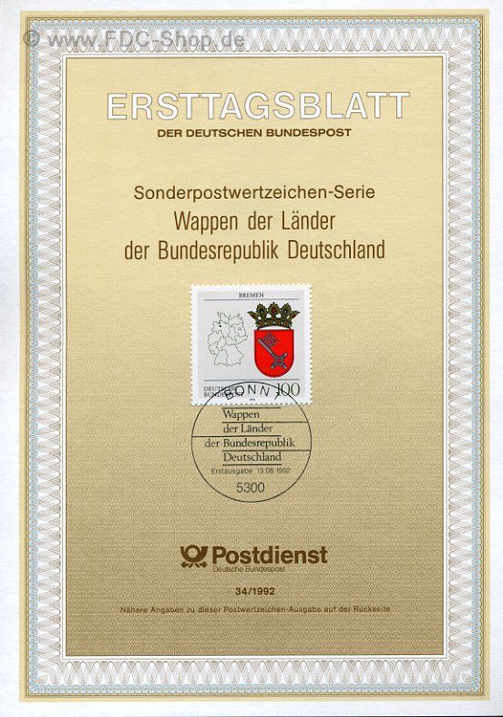 Ersttagsblatt BUND (34/1992) Mi-Nr: 1590, Wappen der Länder der BRD: Bremen