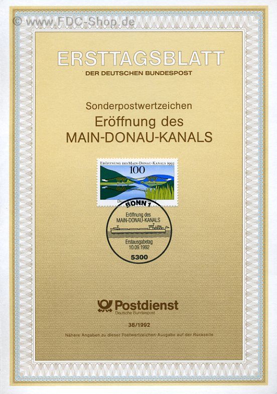 Ersttagsblatt BUND (38/1992) Mi-Nr: 1630, Eröffnung des Main-Donau-Kanals