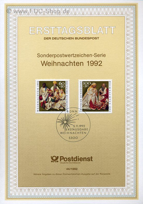 Ersttagsblatt BUND (44/1992) Mi-Nr: 1639-1640, Weihnachten 1992