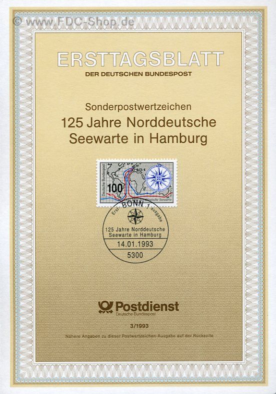 Ersttagsblatt BUND (03/1993) Mi-Nr: 1647, 125 Jahre Norddeutsche Seewarte, Hamburg
