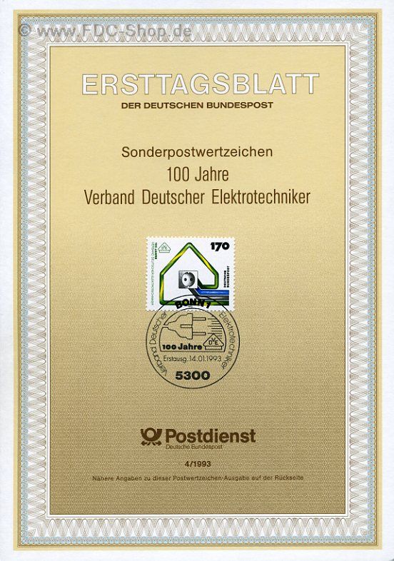 Ersttagsblatt BUND (04/1993) Mi-Nr: 1648, 100 Jahre Verband Deutscher Elektrotechniker (VDE)