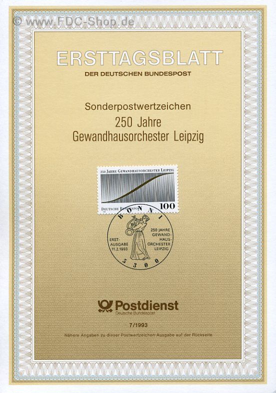 Ersttagsblatt BUND (07/1993) Mi-Nr: 1654, 250 Jahre Gewandhausorchester Leipzig