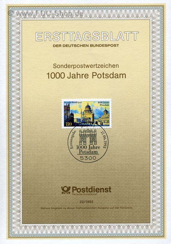 Ersttagsblatt BUND (22/1993) Mi-Nr: 1680, 1000 Jahre Potsdam