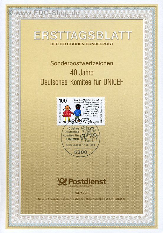 Ersttagsblatt BUND (24/1993) Mi-Nr: 1682, 40 Jahre Deutsches Komitee für UNICEF