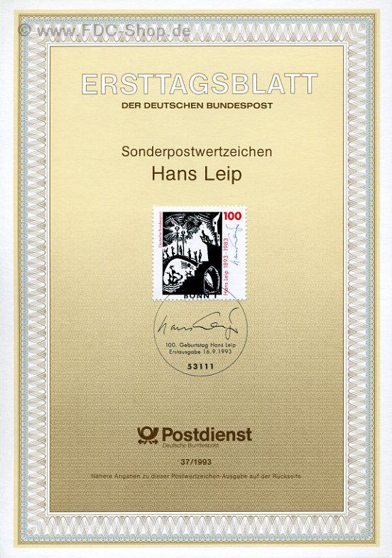 Ersttagsblatt BUND (37/1993) Mi-Nr: 1694, 100. Geburtstag von Hans Leip