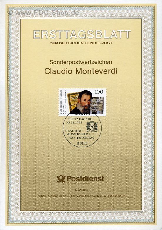 Ersttagsblatt BUND (45/1993) Mi-Nr: 1705, 350. Todestag von Claudio Monteverdi