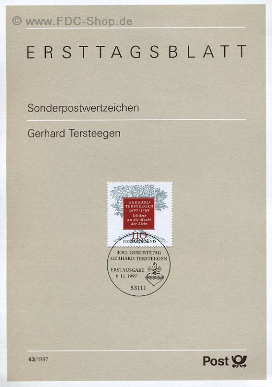 Ersttagsblatt BUND (43/1997) Mi-Nr: 1961, 300. Geburtstag von Gerhard Tersteegen