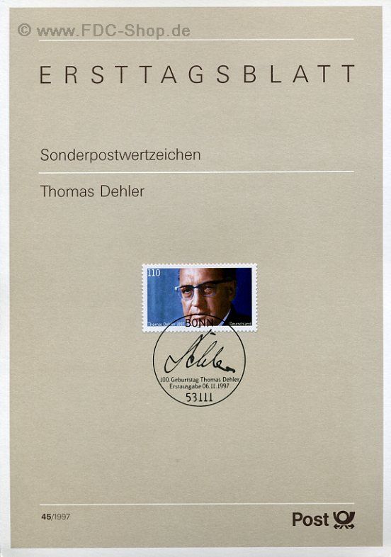 Ersttagsblatt BUND (45/1997) Mi-Nr: 1963, 100. Geburtstag von Thomas Dehler